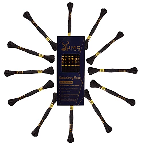 Image of 12 Pieces Black Colour Premium Embroidery Thread | 100% Egyptian Cotton Premium Skeins | Cross Stitch Embroidery Floss | Oeko TEX Certified Stranded Cotton (Black)