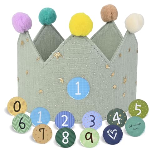 JIAWWAN Corona di Compleanno per Bambini, Coroncina Stoffa Compleanno, Cappellino Corona Bambino con Numeri Intercambiabili da 0 a 9, Coroncina in Tessuto Compleannos per Ragazzi e Ragazze (Verde)