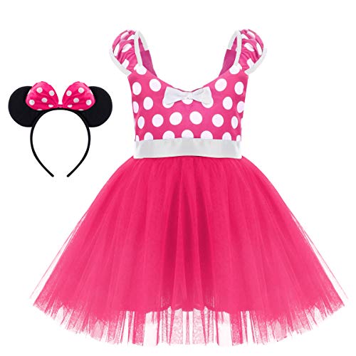Girls Christmas Polka Dots Bowknot Princess Tutu Dress Birthday Party Cosplay Pageant Fancy Costume 3D Ears Headband Outfits Hot Pink Short Christmas Dress & Headband 3-4 Years