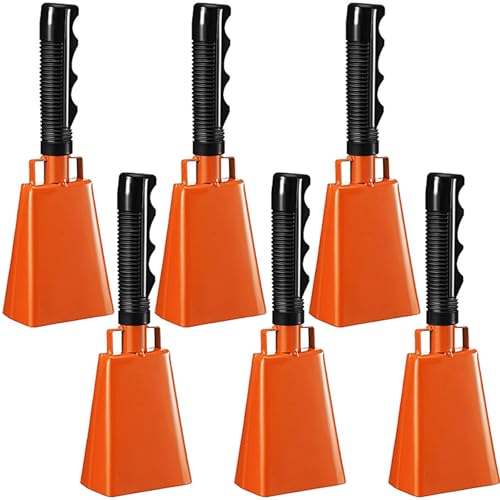 LumaTide 6-Pack Orange Cowbells with Handle | 9-Inch Rugby & Graduation Noise Makers for Sporting Events