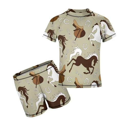 Brown and White Horse Saddle and HorseshoeChildren's Swimsuits Boys Two Piece Suit8-10Y（130cm）