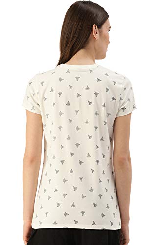 Image of Enamor Essentials Womens Slim Fit Regular Length Short Sleeve Crew Neck Comfortable and Stylish Breathable Stretch Cotton Tee - E247-(E247 Ivory Aop L)