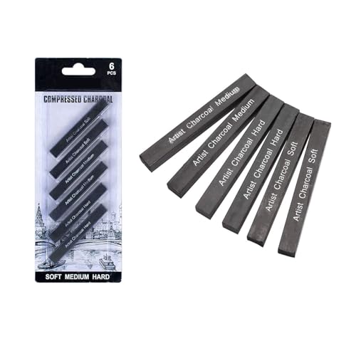 Queen.Y 6 Stück Komprimierte Kohlestifte Schwarzes Quadrat Weicher/Mittlerer/Harter Graphit-Zeichenstift-Kunstzusatz zum Zeichnen Schattieren