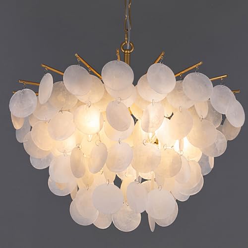 TOCHIC Capiz Shell Chandelier, 6 Light Modern Coastal Light Fixture for Bedroom Gold Chandelier for Dining Room Living Room Nature Seashell Pendant Light Fixture for Kitchen, Foyer, Entryway 22