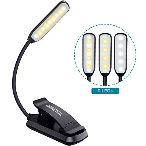 LED Book Light, OMERIL 9 LEDs Reading Light with 3 Color Modes Eye Care (White, Warm & Natural Light), Touch Switch USB Rechargeable Desk Lamp, Clip-on Design Book Lamp for Night Reading