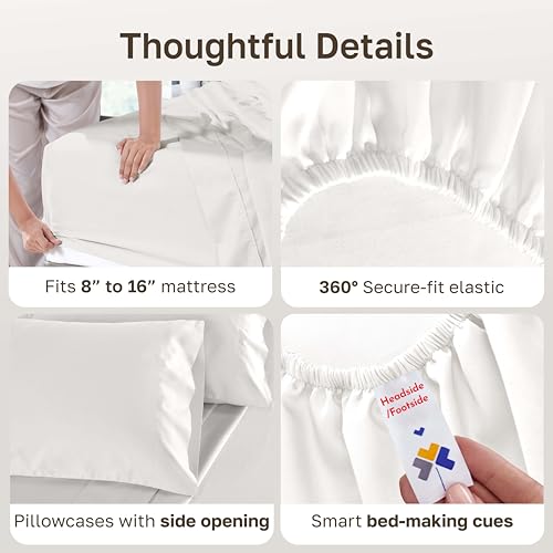 Image of California Design Den 500TC 100% Cotton Full Sheets Set, True Ivory | Good Housekeeping Seal, OEKO-TEX Certified, Silky-Soft Sateen Weave, 4pc Set, 16 inch Deep Pockets, For Hot Sleepers, All-Season