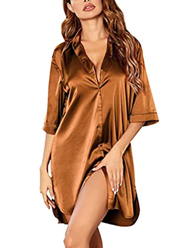 ORANDESIGNE Chemises de Nuit Femme Sexy Satin Chemise de Nuit Courte Robe de Nuit Deshabillé Col V Couleur Unie Confortable Longue Chemise de Nuit à Manches 3/4 Soirée Pyjama A Brun L