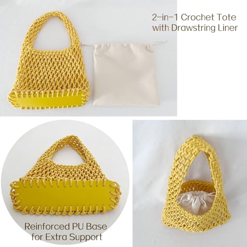 Image of Mini Clutch Handbag Fishing Net Bucket Bag Cotton Rope Crochet Drawstring Woven Beach Bag Small Tote for Women Girls