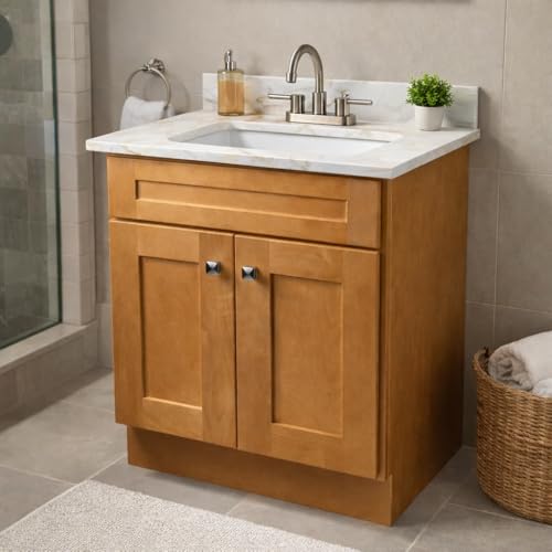 Image of Design House Calesco Calacatta Quartz Bathroom Vanity Top, White with Taupe and Grey Veining, White Bowl, 31 in L x 22 in W x 12.5 in H, with Backsplash, 8 in Wide Set, 227900-CC-WS