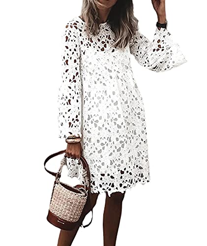SEMATOMALA Women's Floral Crochet Lace Sheer Cover Dress Flare Hollow Out White Cami Inside 2 Piece Party Wedding Outfits
