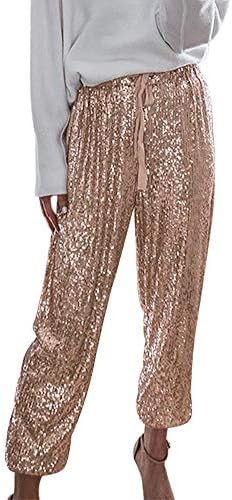 ALLUMK Women's Fashion Glitter Sequin Party Pants Solid Loose Elastic High Waist Drawstring Ankle Pants Rose Gold L