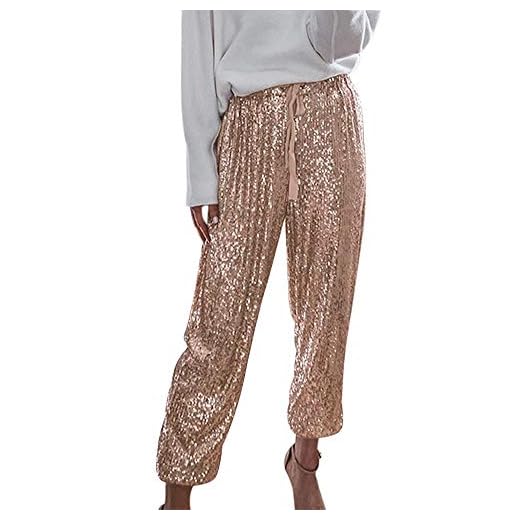 ALLUMK Women's Fashion Glitter Sequin Party Pants Solid Loose Elastic High Waist Drawstring Ankle Pants Rose Gold L