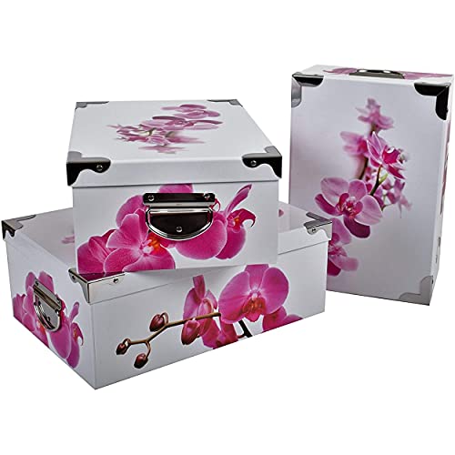 2.J. Boite Rangement Carton | Lot De 3 Grandes Boites Avec Couvercle | Imprimé Orchidée | Angles et Poignées en Métal. Tailles 31.5x22x12, 33.5x23x13,...