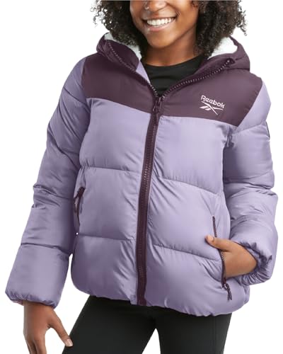 Image of Reebok Girls Heavyweight Poly Taffeta Puffer Jacket with Sherpa Hood | Insulated Quilting Locks in Warmth, Zip-Up Closure, Secure Pockets for Gloves, Cozy Protection for Cold-Weather Play