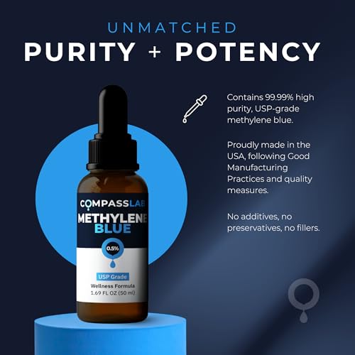 COMPASS LABORATORY Methylene Blue Pharmaceutical Grade, USP Grade, Third-Party Tested Dietary Supplement for Humans, No Formaldehyde, Made in USA (0.5% 50ml Bottle)