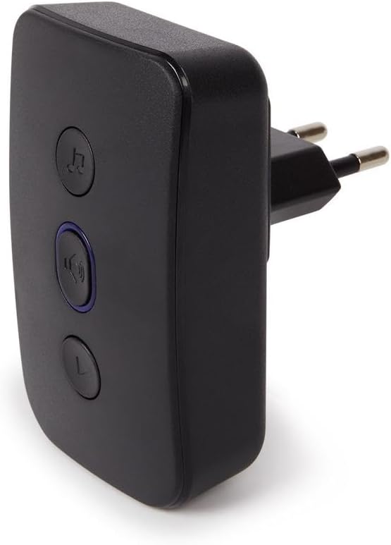 Lado view of the LSC Smart Connect Indoor Chime Unit plugged into a wall socket.