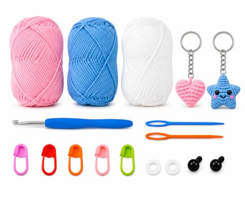 Image of Viharini Crochet Kit for Beginners with Yarn, Hooks, Stitch Markers, Knitting Needles, Eyes, Keychain, DIY Tools & Crochet Thread - Complete Crocheting Set for Adults and Kids (Pink Blue White)