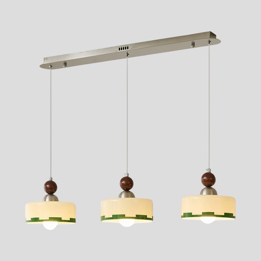 Wisząca lampa z 3 światłami Kremowy szklany klosz z zieloną krawędzią Szczegóły drewna orzechowego Niklowa metalowa podstawa Regulowany sznur do zawieszenia E27 Opuszczana lampa sufitowa
