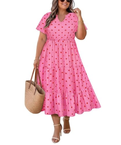 Image of TIYOMI Women Plus Size Dress Boho V Neck Short Sleeve Beach Maxi Dresses Floral /Stripe /Leaves /Lemon XL-5XL