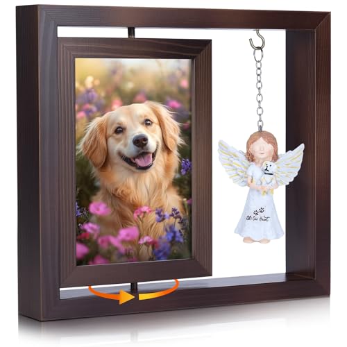 Dog Memorial Gifts for Loss of Pet, Rotating Wooden Picture Frame with Resin Angel Statues for 4x6 Photo, Pet Memorial Gifts for Dog Cat, Pet Loss Sympathy Bereavement Remembrance Keepsake, Brown