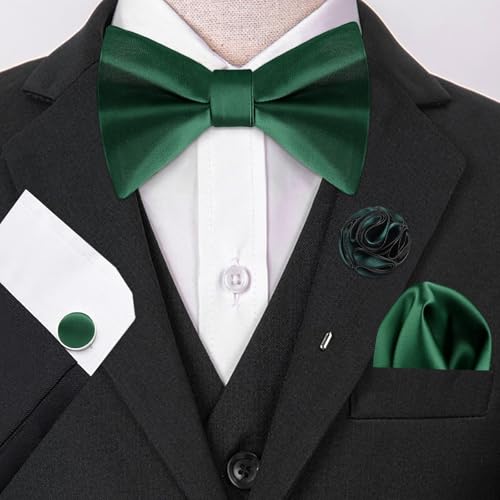 Image of Alizeal Mens 4pcs Formal Solid Bow Tie Set | Pre-tied Pocket Square Cufflinks Boutonniere for Wedding Everyday Use
