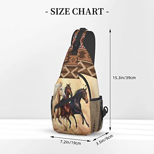 Horse Pattern Sling Bag Crossbody Backpack,Aztec Boho Ethnic Style Western Horse Chest Bag Three Horses Run In Desert Sandstorm Adjustable Shoulder Backpack Travel Hiking Casual Daypack3
