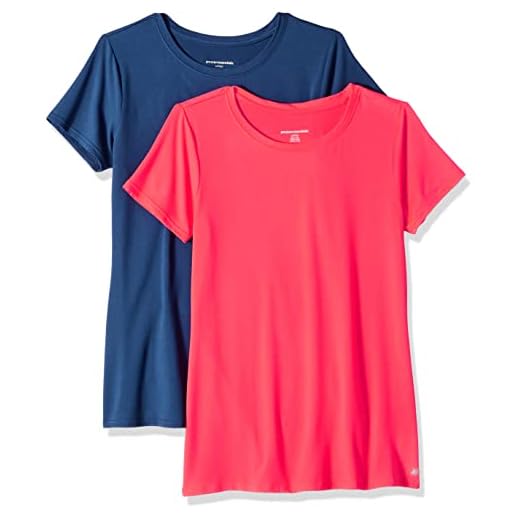 Amazon Essentials T-shirt Stretch et Quick Dry, Col Rond et Manches Courtes (Disponible en Grande Taille) Femme, Lot de 2, Bleu Marine/Rose Vif, S