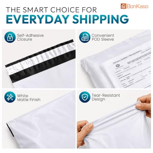 Image of BonKaso 14x18 Inch Poly Courier Bags with POD | 55 Micron Tamper-Proof Self-Sealing Packaging Envelopes for Secure Shipping, Delivery & E-commerce Use - Waterproof - Pack of 100