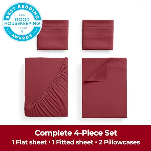 Image of Mellanni Extra Deep Queen Sheets - 4 PC Iconic Collection Bedding | Hotel Luxury, Ultra Soft, Cooling Bed Sheets - Wrinkle, Fade, Stain Resistant (Queen, Brick Red)