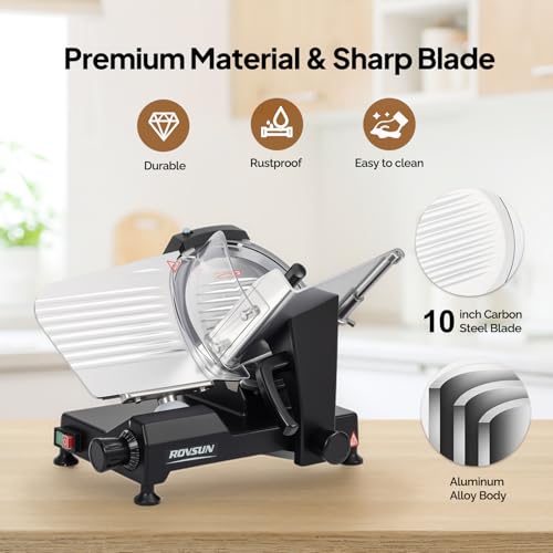 Image of ROVUN 300W Commercial Meat Slicer, 10inch Electric Food Slicer ETL Certified, Deli Cheese Slicer with Premium Chromium-Plated Steel Blade, 0-12 inch Adjustable Thickness for Home and Commercial