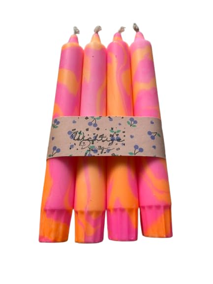 Dip Dye Kerzen 4er Set – Handgefärbte marmorierte Stabkerzen Neon Orange & Pink (Marble Look Dip Dye) 22×190 mm – Neon Kerzen Handmade Leipzig – Bunte Deko & Geschenkset