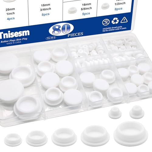 Tnisesm 80PCS Silicone Plug Rubber Plugs for Holes Assorted Sizes 1/5 1/4 3/8 1/2 5/8 3/4 1 Hole Plug White