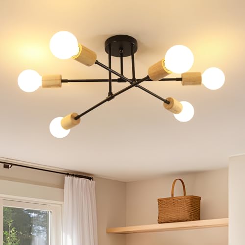 Comely Lámparas de Techo Industrial, 6 Luces E27 Plafon de Techo Negro, Lámparas de Araña 180° Forma Ajustable para Dormitorio Sala de Estar Salon Pasillo, Metal y Madera