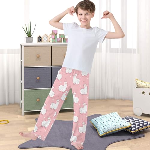 Boy's Pj Pants White Fluffy Alpaca Heart Lounge Bottoms Elastic Waist Kids Joggers with Pockets Size 6-144