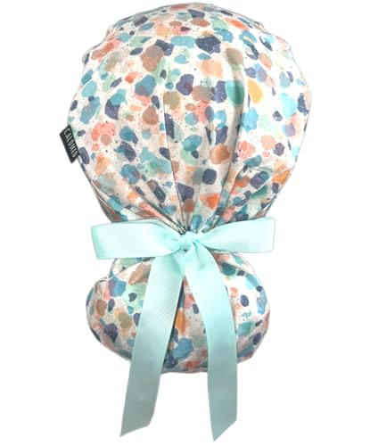 Image of Scrub Cap for Women and Men, Ponytail Scrub Caps, Working Hat, Head Cover with Ribbon Ties and Buttons, Long Hair