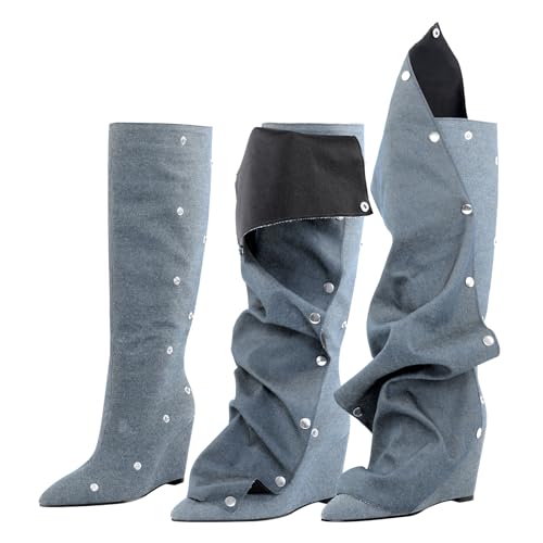Women's Wedge Heel Knee High Slouchy Foldover Buttons Boots2