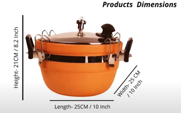 Image of Traditional Clay Pressure Cooker, Terracotta Red, 3 Litre Capacity with Stainless Steel Locking Ring and Whistle, Natural Earthenware for Family Cooking, 23x19x15 cm