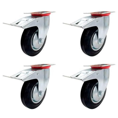 Tradineur - Pack de 4 ruedas giratorias con freno para muebles, goma y hierro, incluyen placa de montaje, rueda de transporte para cargas pesadas, industrial, peso máx. 100 kg, Ø 125 mm