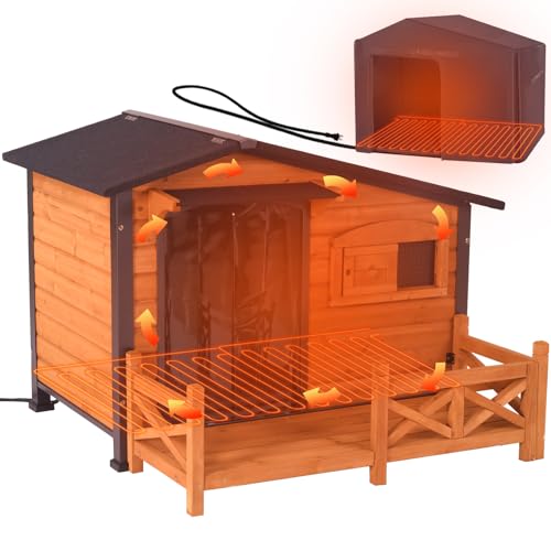 GUTINNEEN Heated Dog House Outdoor Dog Kennel with Safe Heated Pad, Chew-Proof Metal Frame and Rotating Food Bowl for Small to Medium Dogs, 44.6" L x 41.1" W x 32.9“H (Brown)