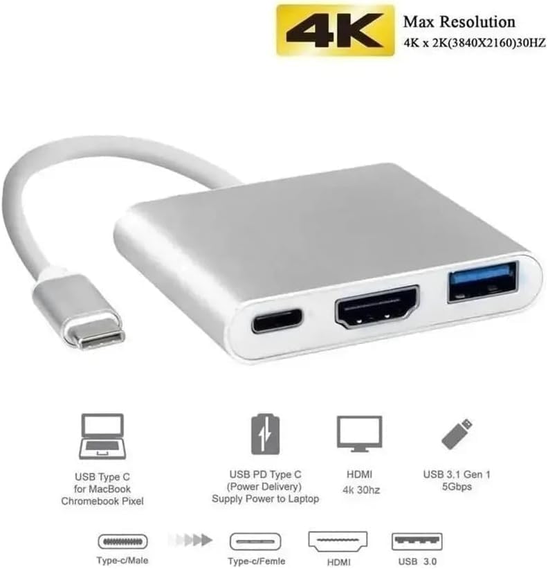 Adaptador USB-C para HDMI 4K, USB 3.0 e Carga PD - Compatibilidade com MacBook, Thunderbolt 3 e DEX Android - Eleva Sua Exper