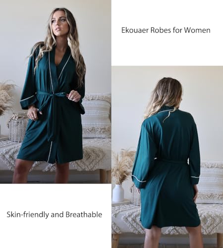 Image of Ekouaer Women Kimono Robes Knee Length Knit Bathrobe Lightweight Soft Sleepwear V-neck Casual Ladies Loungewear