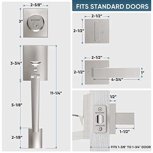 Image of TICONN Double Front Door Handle Set, Heavy Duty Square Door Lever and Single Cylinder Deadbolt Combo for Side by Side Entrance Exterior Doors (Satin Nickel)