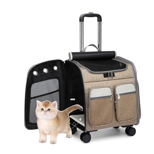 犬猫用 ペットキャリー キャスター付き 3in1多機能 ペットキャリーカート 犬キャリーバッグ 猫きゃりーバッグ リュック 手提げ 車載お出かけのペットバッグリュック 猫・小型犬 ドライブ/キャンピング/旅行/通院/災害避難用 ペットバッグ(Khaki)