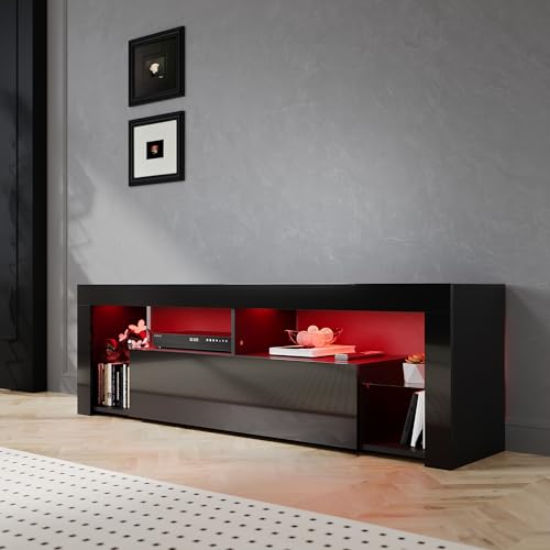 SIRHONA Meuble TV LED Noir, Banc TV 160x35x50.5cm, Éclairage LED RGB avec Couleur réglable, Capacité de Charge 30 kg, Convient pour Salon ou Chambre