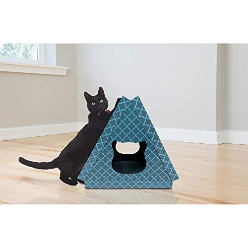Image of Furhaven Pet Furniture for Cats and Kittens - Tiger Tent House Corrugated Cat Scratcher Hideout with Catnip, Teal, One Size