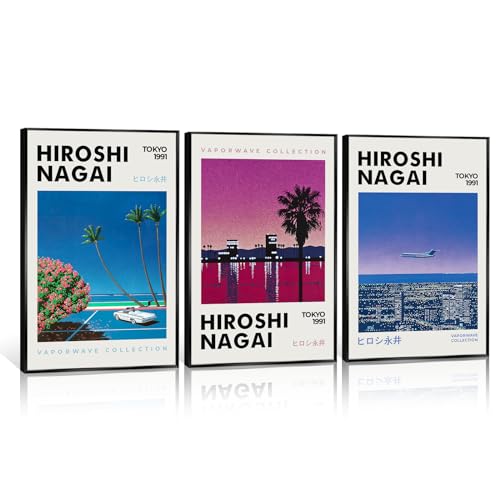 Japanese Canvas Wall Art, Framed Hiroshi Nagai Vaporwave Poster for Room Aesthetic, Set Of 3 Retro 90s Japanese Manga Colorful Art Print, Modern Japanese Landscape Art 16x24in