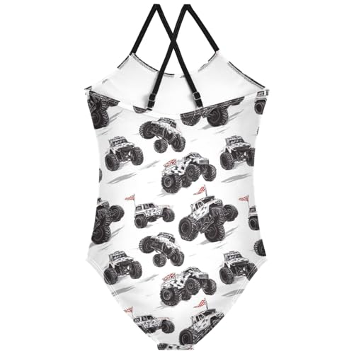 Pigsaly Girls One Piece Swimsuits White Black Checkered Flag Camo Monster Trucks Kids Cross Back Swimwear Bathing Suit 3T2