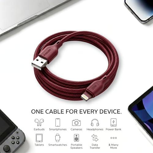 Image of PHILIPS DLC4130VI /94 20W iPhone Original Type-A to Lightning Fast Charging Cable (1m, Iron Red) | MFi Certified | 480Mbps Data Sync | Nylon Braided | Compatible with iPhone & Other Lightning Devices