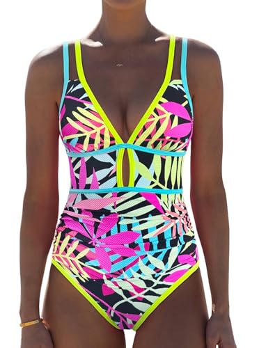 Image of popvil Women One Piece Swimsuit 2026 Tummy Control Sexy Cutout Neon Color Block Bathing Suit Slimming Adjustable Swimwear