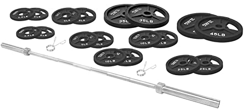 Signature Fitness Cast Iron Olympic 2-Inch Weight Plates Including 7Ft Olympic Barbell, 325-Pound Set (280 Pounds Plates + 45 Pounds Barbell), Multiple Packages, Style #7 #TOP5